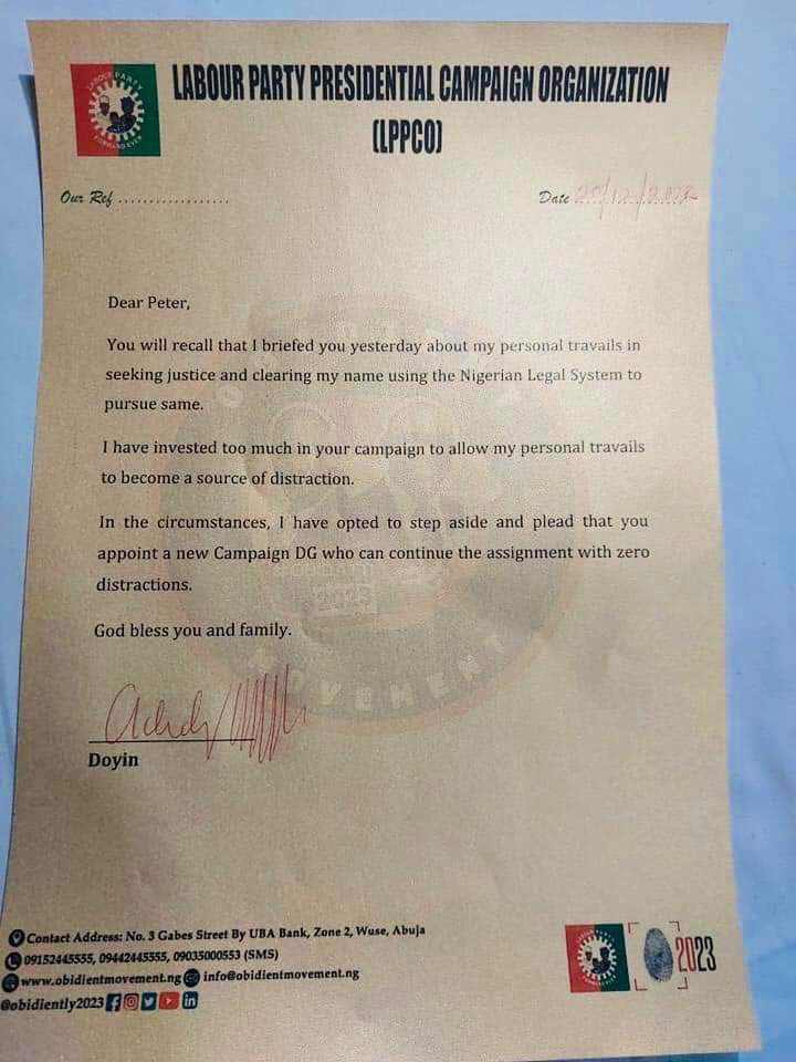 Diokparaigbo's tweet photo. Dr. Doyin Okupe steps aside as the Director General general of the Peter Obi campaign council.
This is honorable,
This is the Nigeria we pray for and wish for, Nigeria will be great.
Vote wisely
Vote labour party
#ObiDatti2023 #okupe #LabourParty #NigeriaDecides2023
#Nigeria https://t.co/YPeHupx7Uz