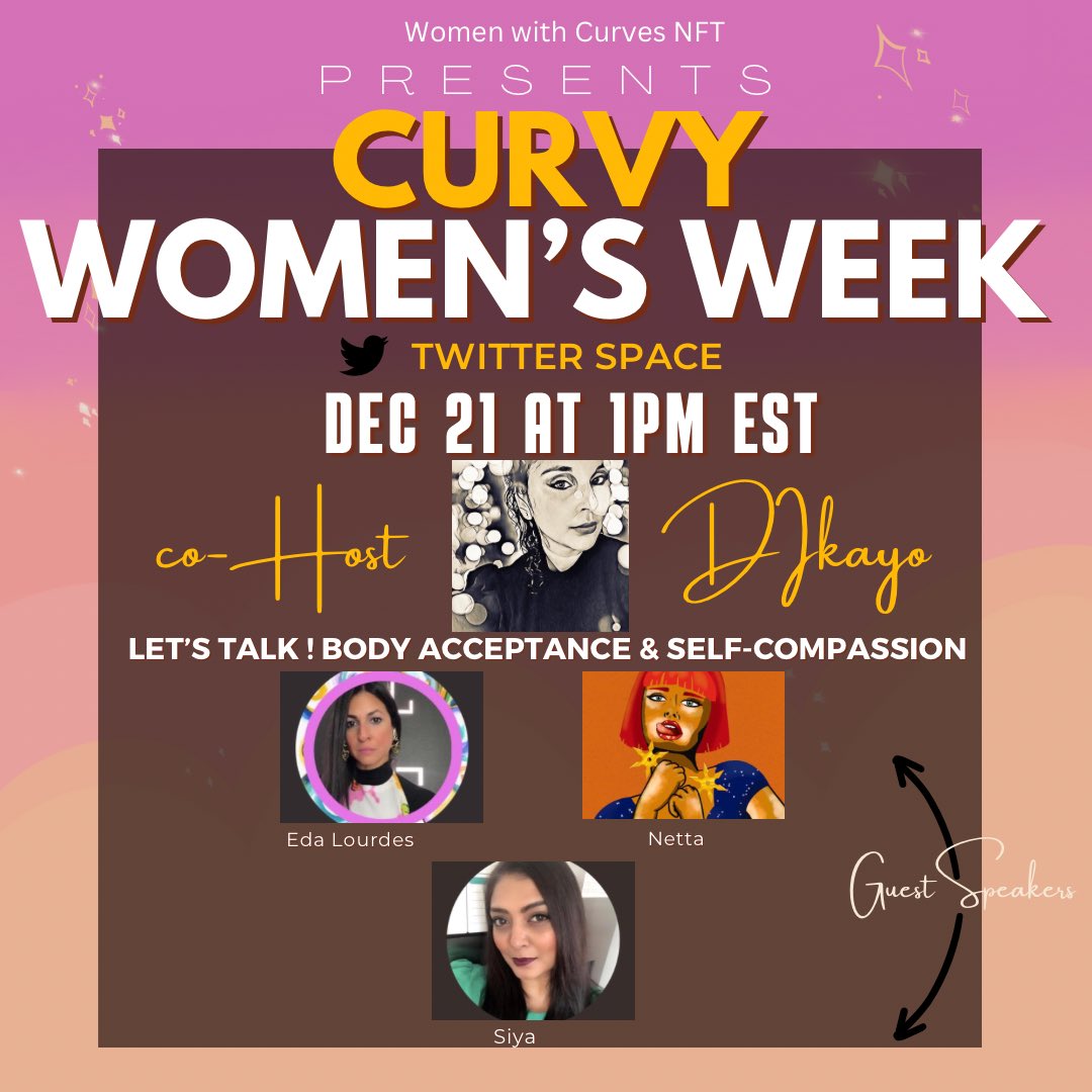 wwc_nft's tweet photo. 🔥We have some incredibly amazing women leaders joining us tomorrow for our CURVY WOMEN WEEK🔥

We will discuss the importance of Body Acceptance &amp; Self-Compassion.

RSVP so you don’t miss this one!👇
#BodyPositivity #selfcare #TwitterSpace #Mentalhealth

https://t.co/DgoEkhoJ9f https://t.co/iTRZqGxNGi