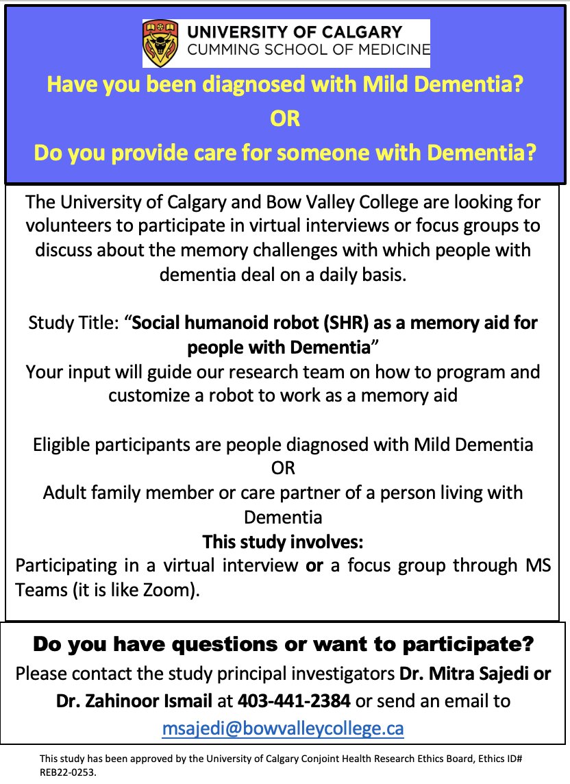 We are recruiting participants for a study to understand how we can potentially program social robots to help people living with dementia and act as memory aids for them. Please feel free to pass on the information or contact us if you are interested!