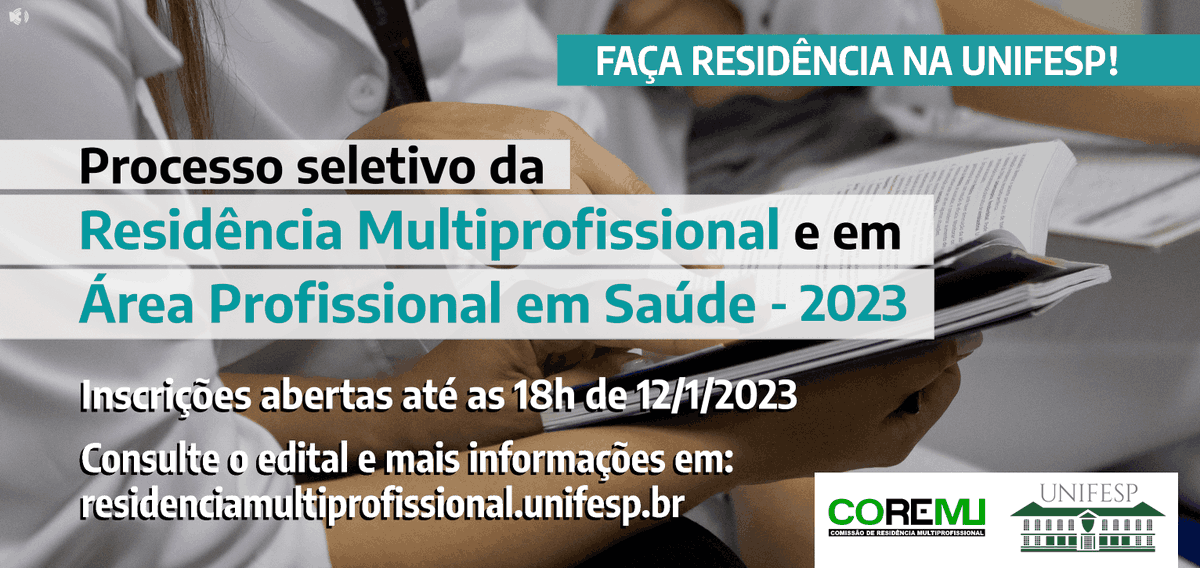 unifesp's tweet photo. Quer se diferenciar na hora de escolher e fazer #residência? As inscrições para o processo seletivo da residência Multiprofissional e em Área Profissional em Saúde já estão abertas. Confira o edital: https://t.co/ASXMWsL1Of. #unifesp #somosunifesp #unifespsp #unifespbs #coremu https://t.co/1U8KWubCMo