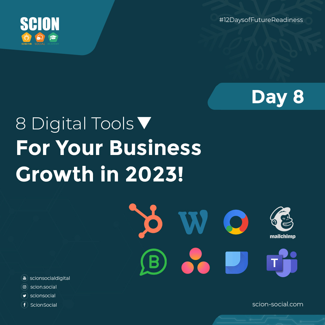 scionsocial's tweet image. Whatsapp Business: Digital Business 
Asana: Task Management 
Microsoft Teams: Team and Work Collaboration
Google Marketing Platform: Visibility and Traction using Data Analytics
Which tools do you use for your business? Let us know in the comments. #12DaysofFutureReadiness
(3/3)