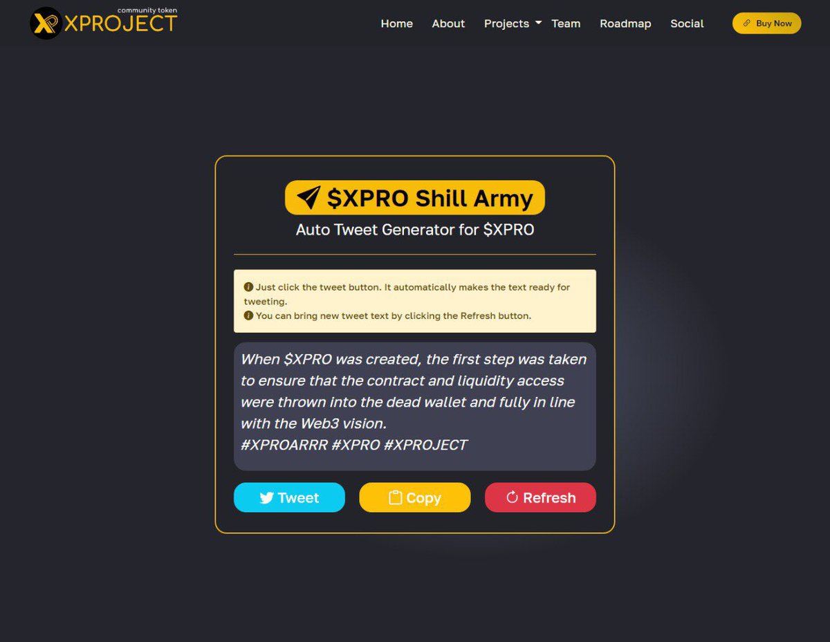 BscXPRO's tweet photo. 📢 Dear XPRO Community,
 
We developed the $XPRO Shill module to support our hard work to show XPRO to more users on Twitter.

Every time you refresh the page, random tweets about XPRO will be loaded. Press the tweet button and it will automatically open twitter for you to tweet. https://t.co/PNRi032Rtb