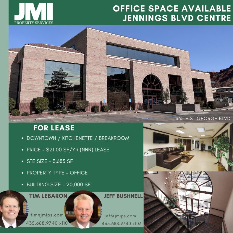 jmips's tweet photo. If you’re looking for a great office in an amazing location, call JMI at 435-688-9740! #cre #spaceforlease #stgeorgeutah https://t.co/jrKJls0Ib5