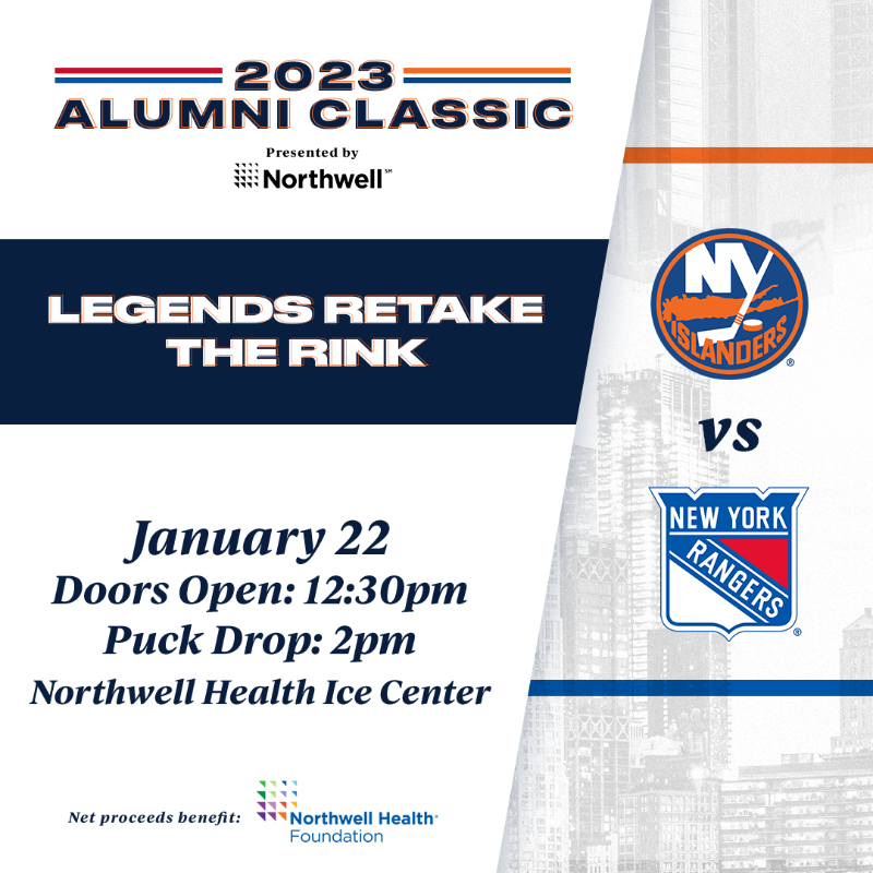 NYIslanders's tweet photo. The #Isles vs. Rangers Alumni Classic presented by 
@NorthwellHealth is coming back to @NHIceCenter on January 22nd! 🤩

Islanders Alumni throughout team history including Pierre Turgeon, Benoit Hogue, Darius Kasparaitis, Radek Martinek and more will be on the ice.

Learn more ⬇️