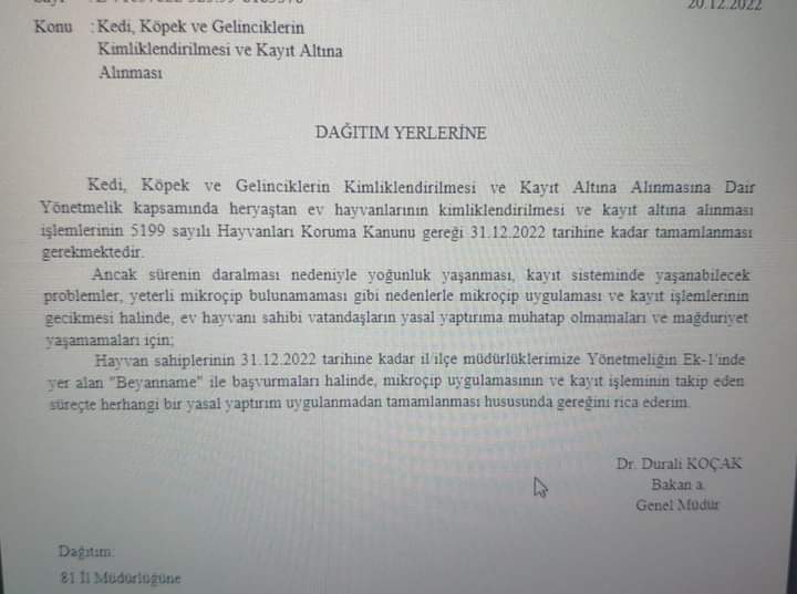 31.12.2022'ye kadar SAHİPLİ kedi-köpek çipletme işlemlerinde çip bulunamaması veya randevu sıkıntısı yaşayanlar bu tarihe kadar il/ilçe Tarım Müdürlüklerine "BEYANNAME" ile başvurdukları takdirde yeni yılın ilerleyen günlerinde çipletme işlemlerini tamamlamaya devam edebilecekler