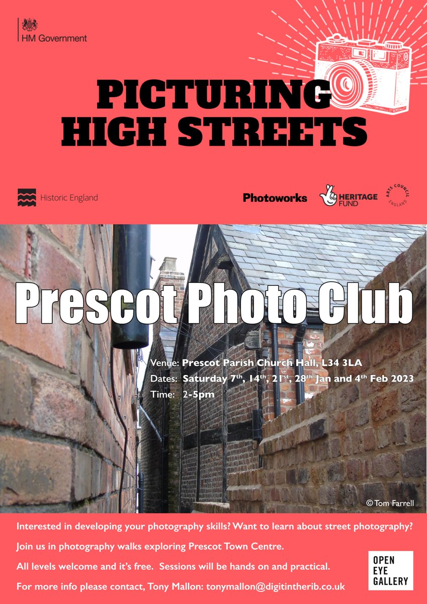 OpenEyeGallery's tweet image. Join us in free photography walks exploring #Prescot Town Centre. All levels welcome! First walk is 7 Jan, 2–5 PM. To sign up email Tony Mallon, tonymallon@digitintherib.co.uk