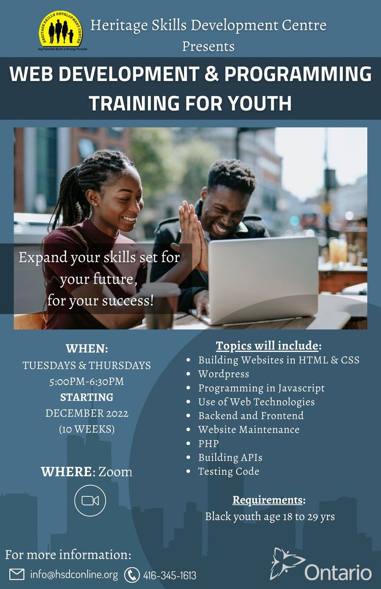 HSDC  is pleased to present a Web Development and Basic Programming Training program for youth that aims to provide fundamental skills in web development and programming. The Program is FREE and open to all Black youth ages 18 to 29 years. 

To register: docs.google.com/forms/d/e/1FAI…