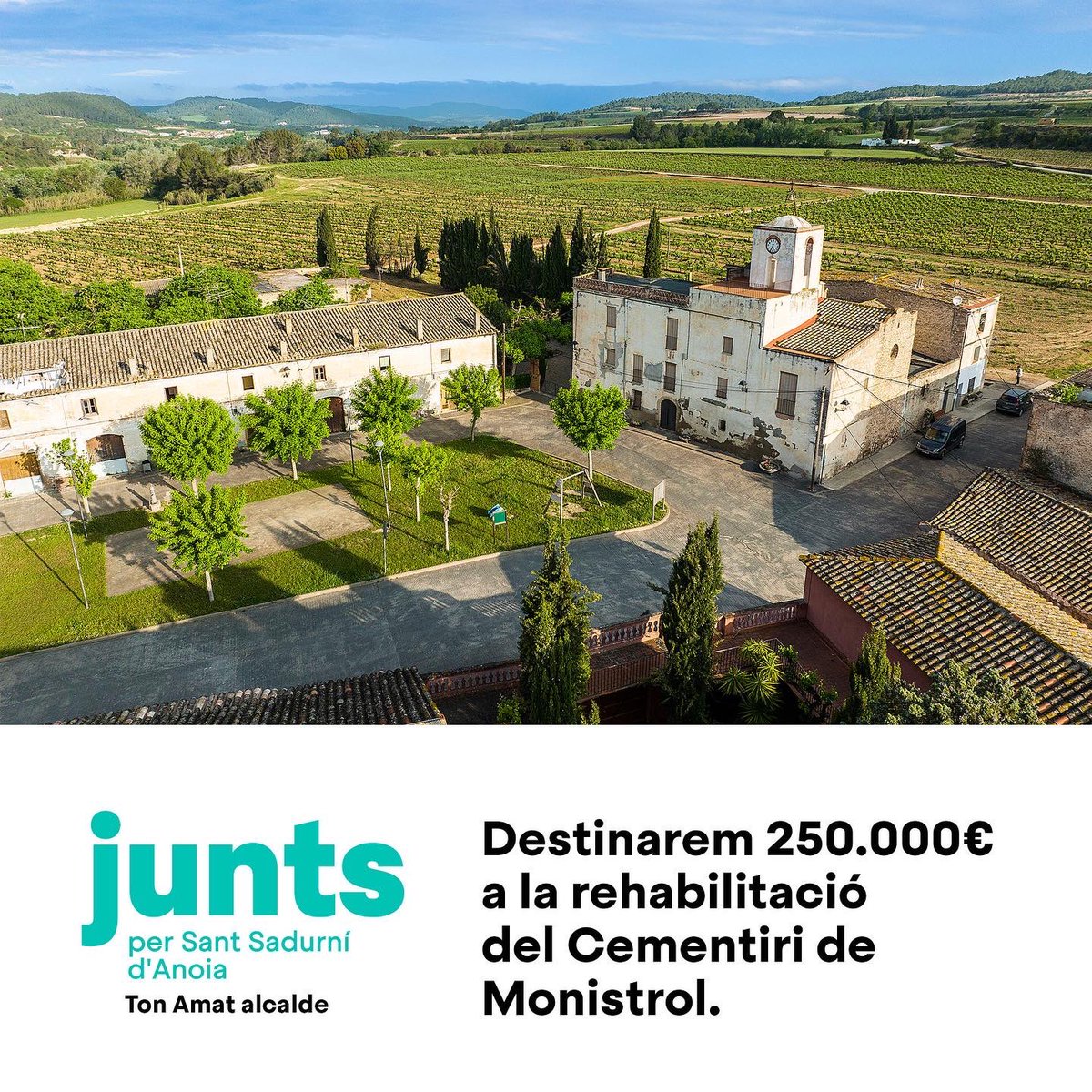 [...]
Destinarem 290.000€ a executar el pla especial de l’Ermita d’Espiells.
Destinarem 270.000€ al reasfaltat dels carrer de la Vila.
Destinarem 250.000€ a la rehabilitació del Cementiri de Monistrol.
#TonAmat #Alcalde #JuntsTotEncaixa #MoltaFeina #Futur