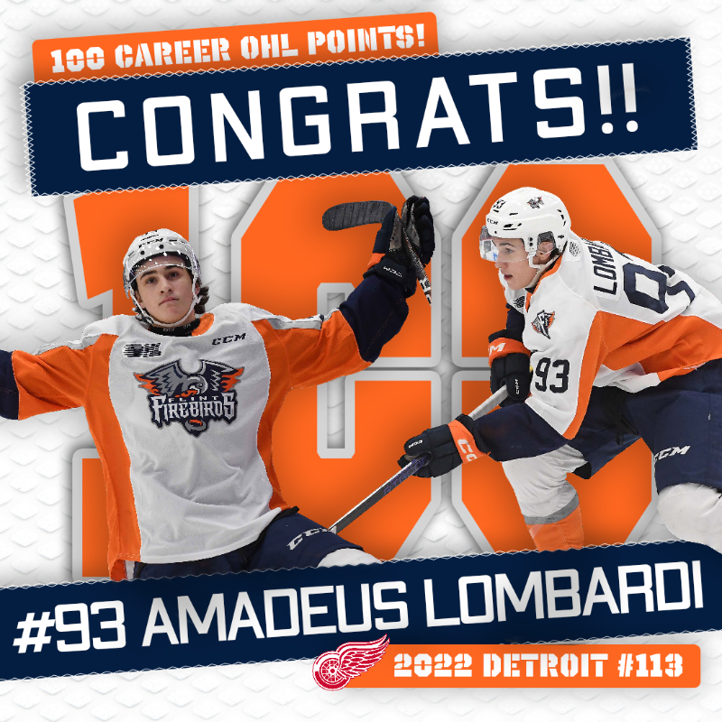 FlintFirebirds's tweet photo. Congratulations to Firebirds Center and Detroit Red Wings draft pick, Amadeus Lombardi on surpassing 100 career OHL points in 98 games played. 

#FuelTheFire 
#GatewaytotheNHL https://t.co/hbs7gJKDAP