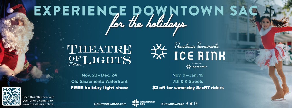 Celebrate the holidays this winter in downtown Sacramento. The Downtown Sacramento Ice Rink is open Tuesday through Sunday until January 16, 2022. Learn more at GoDowntownSac.com. Get $2 off for same-day SacRT riders, simply show proof of fare (1/2)