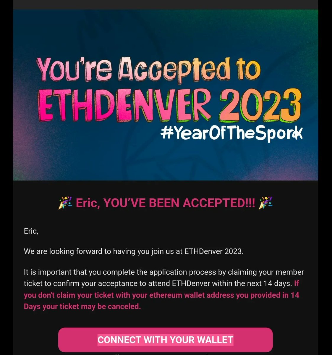 If your acceptance email looks like this, then you're doing something right! We are asking you to connect your wallet to our <a href="/BufficornV/">BufficornVentures</a>(entures) project <a href="/welook_io/">Welook</a> so we can give you the NFT ticket!