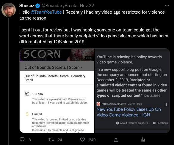 BoundaryBreak's tweet photo. Hi @TeamYouTube writing this tweet on behalf of many established creators on the platform. A lot of us have been experiencing what feels to us like an overhanded crack down on violent content on the platform.

Could someone look into whats going on within the manual review team? https://t.co/AC0lJDscJC