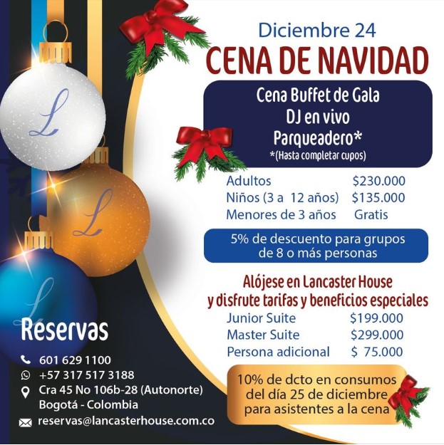 Esta navidad disfruta una espectacular Cena de Gala en Lancaster House.
10% de descuento en consumos del 25 de diciembre para asistentes a la cena. Tarifas especiales de alojamiento la noche del 24.
Te esperamos,
📱 317 517 3188
#navidad2022 #CenaDeNavidad #NavidadenHotel