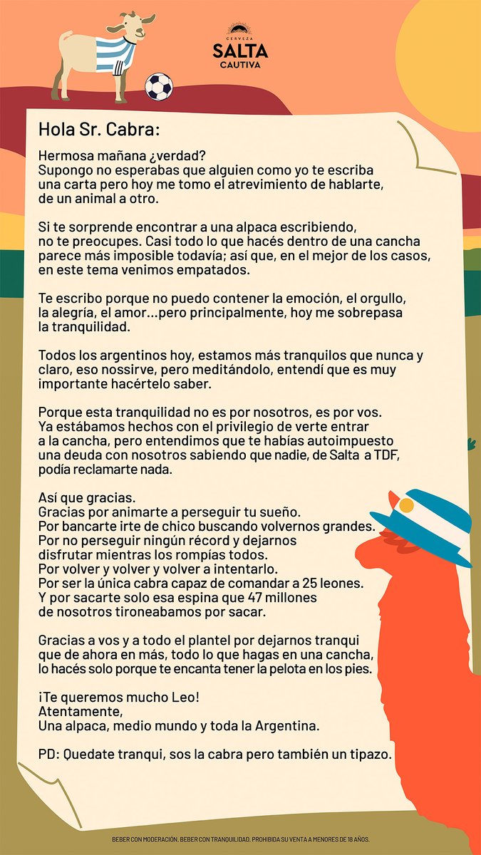 SaltaCautiva's tweet photo. Carta mundialista a los recién llegados.
De: Alpaca 🦙
Para: La cabra (G.O.A.T) 🐐
#SelecciónArgentina https://t.co/u4IoLlTNfA