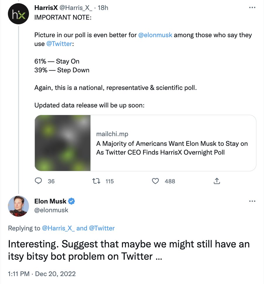 Musk now claiming his OWN POLL, run on a platform that HE OWNS, was rigged against him. 

Beyond parody.