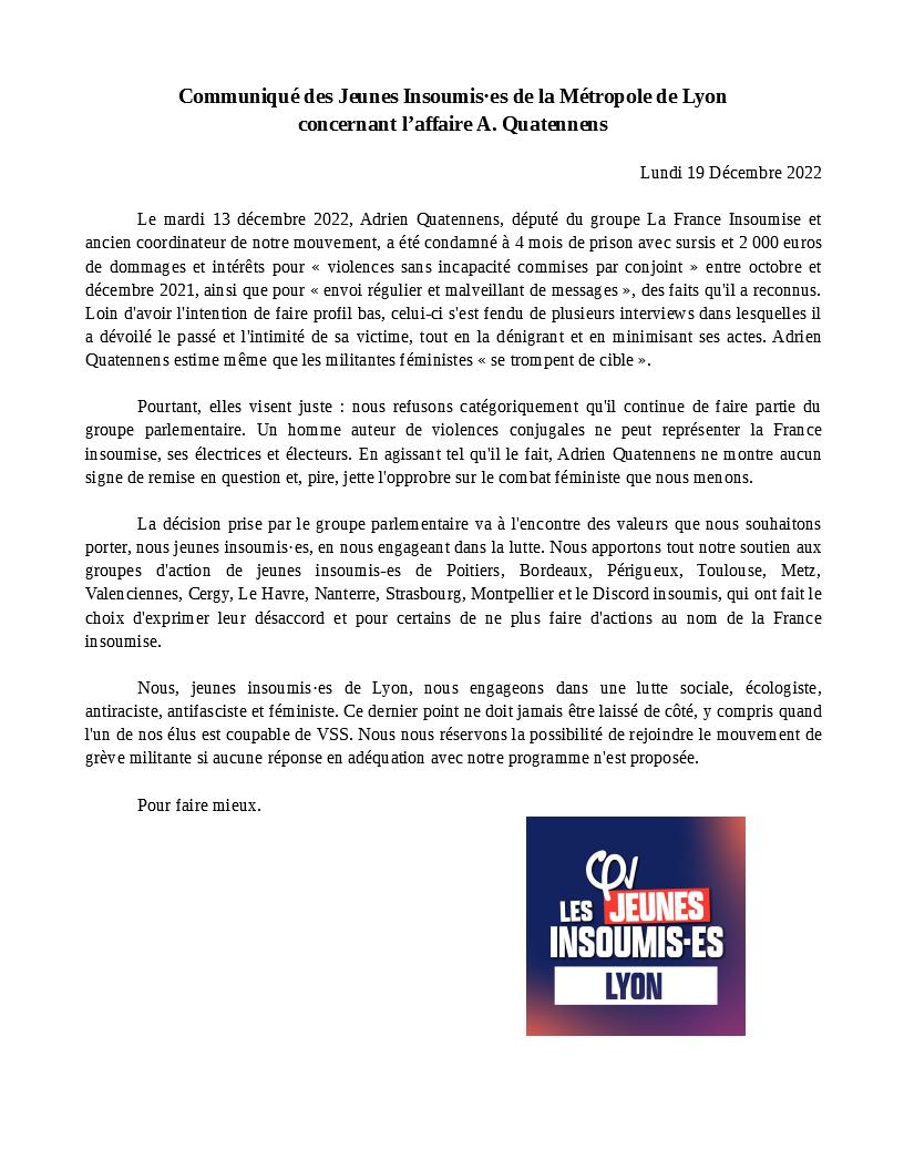 🟣 Communiqué des jeunes insoumis·es de la métropole de Lyon vis-à-vis de la réintégration d'Adrien Quatennens au groupe parlementaire La France Insoumise 🟣

Soutien à nos camarades de toute la France dans cette démarche courageuse et nécessaire.