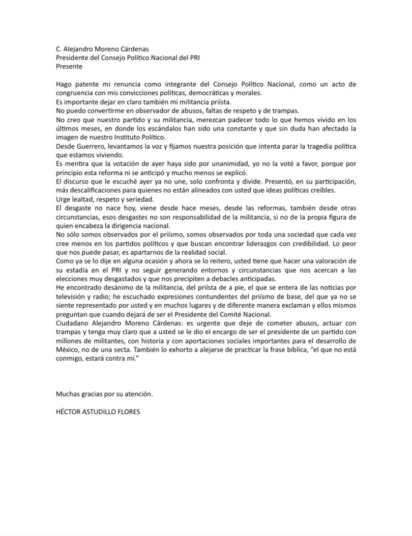HectorAstudillo's tweet photo. He enviado mi carta de renuncia como integrante del Consejo Político Nacional del @PRI_Nacional, dirigida a @alitomorenoc y a @PabloAnguloB. https://t.co/1dQjUBjuwh