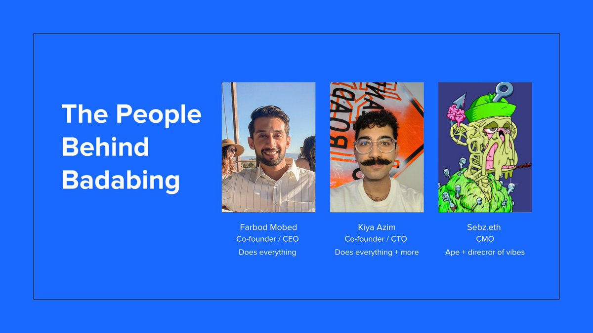 ✨ Excited to announce Badabing will beta publically in Early 2023 with limited capabilities for testing. 
✨ Authenticity of merch, anti-doxx abilities, and lowest fees across any other platform available to users.
✨ DM <a href="/BadabingMP/">badabing</a>, @ape_seb, <a href="/daniel100eth/">Daniel ◹◺</a>  with any questions.