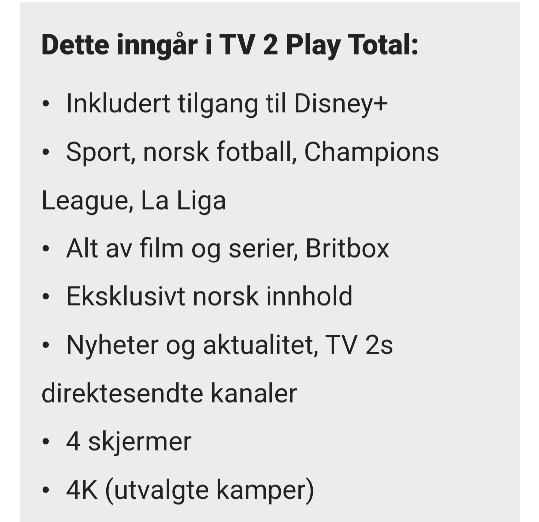 Hvis TV2 hadde drevet matbutikk.
Jeg: Skal ha 1 liter melk.
TV2: det blir 99.- takk.
Jeg: Hæ?
TV2: Vi selger kun pakker, i melkepakken får du med en boks oboy, 2 melkeglass, og skje til å røre ut oboyen.
Jeg: Skulle bare ha melk.
TV2: Glem det, vi selger kun pakker.