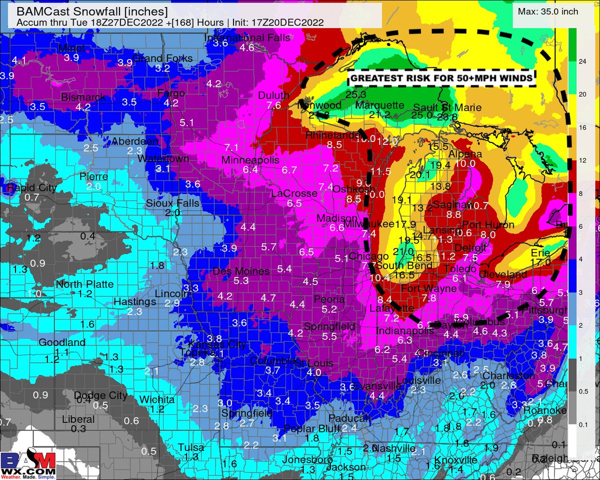 bam_weather's tweet photo. Here is what I know as of 2pm 12-20-22.

1. Using a blend of 100 models to show you BEST GUESS snowfall. (THIS WILL CHANGE).

2. Temps will rapidly fall Thu night into single digits w/flash freeze.

3. Winds will gust 40-55mph Friday. (-25 WIND CHILL)

4. Rain to snow Thu PM. https://t.co/BrESDDqqCU
