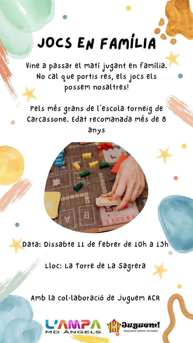 ampamdangels's tweet photo. Des de l’AMPA us volem convidar a passar el matí jugant en família🎲.  No cal que porteu res, els jocs els possem nosaltres. 
🚸 Tindrem jocs de taula per totes les edats i els majors de 8 anys es podran apuntar a un torneig de Carcassone.  Més informació al vostre mail. https://t.co/2hvZGcZcpl