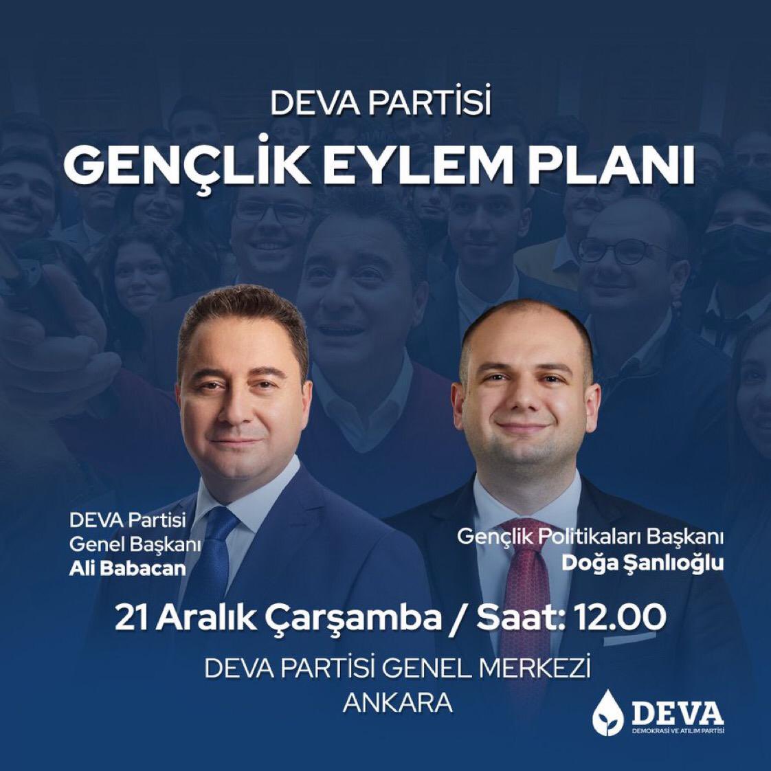 kocaeligencdeva's tweet photo. Genel Başkanımız @alibabacan ve Gençlik Politikaları Başkanımız @dogasanlioglu, yarın Gençlik Eylem Planımızı kamuoyu ile paylaşacak.

🗓 21 Aralık Çarşamba
🕰 12.00
📍 DEVA Partisi Genel Merkezi https://t.co/v7NXUCLw5g