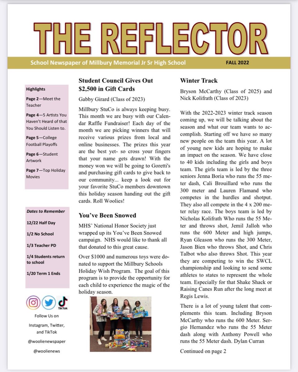WoolieNews's tweet photo. New issue of “The Reflector” is now out. Visit https://t.co/ZtP3VBWS3z to read it. 
Lots of great articles from our MHS students. Enjoy!
@gmyers_millbury @clowe_millbury @MillburyWoolies https://t.co/rpYKee0pIT