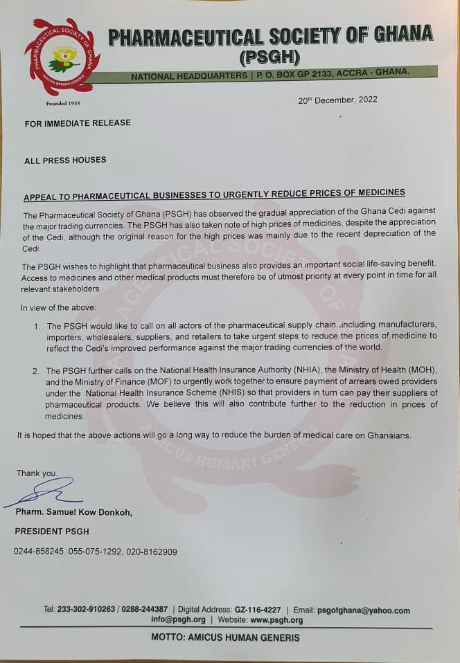 PSGhAshanti's tweet photo. Press Statement by the Pharmaceutical Society of Ghana ( @Official_PSGH ) on the price reduction of medications. #PSGhAshanti https://t.co/4x2UGgBPuu