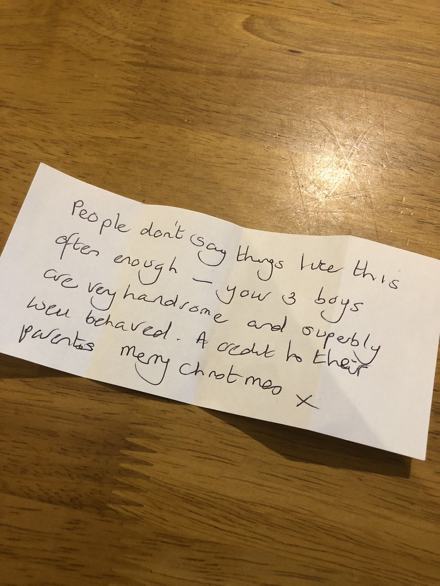 LauraGrindon's tweet photo. We were in The Albert in Bowness today, enjoying a lovely after walk drink and giggles. A lovely lady left this note on her departure. Whoever you are; thank you. You made our Christmas! ❤️ The three amigos in tow are pictured! #raisinggentlemen #bowness #family @AndyJMAdams https://t.co/oEVB5K9WyD