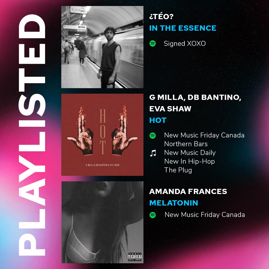 #Playlisted : Recent releases from our Create Fam that were added to the top playlists on #AppleMusic and #Spotify

¿Téo? - “In The Essence”

<a href="/EvaShaw/">EVA</a> <a href="/GMILLA474/">G MILLA</a> <a href="/DBBantino/">DB Bantino</a> - “HOT”

Amanda Frances - “melatonin”