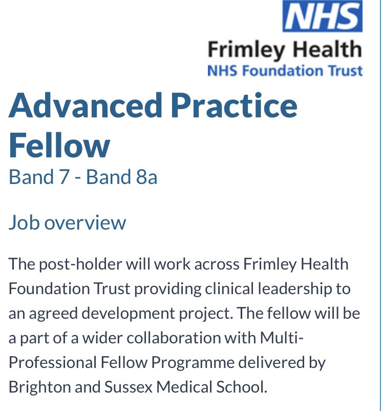Sean Harding (@seanhardinguk) on Twitter photo Exciting to announce our 1st Advanced Practice Fellowship has been advertised <a href="/FrimleyHealth/">Frimley Health NHS Foundation Trust 💙</a> in partnership with Brighton & Sussex Medical School -great opportunity to be part of shaping our advanced practice future! @lornawilko <a href="/sburfie/">Sharon 💙</a> @kattolf <a href="/FHFTAPN/">Frimley Health Advanced Practice Network</a> healthjobsuk.com/job/v4833911?r… Exciting to announce our 1st Advanced Practice Fellowship has been advertised <a href="/FrimleyHealth/">Frimley Health NHS Foundation Trust 💙</a> in partnership with Brighton & Sussex Medical School -great opportunity to be part of shaping our advanced practice future! @lornawilko <a href="/sburfie/">Sharon 💙</a> @kattolf <a href="/FHFTAPN/">Frimley Health Advanced Practice Network</a> healthjobsuk.com/job/v4833911?r…