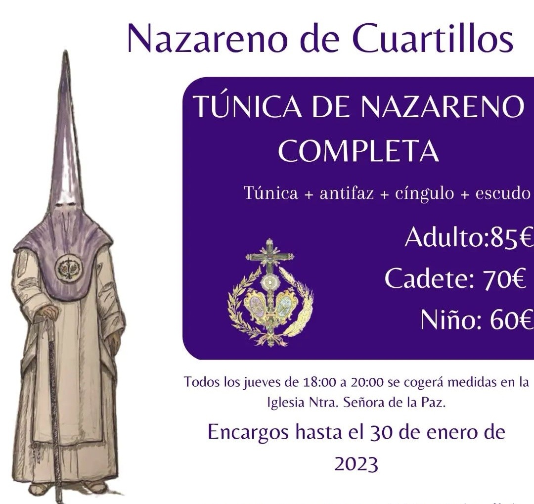 cofradetvcom's tweet photo. #Jerez #Cuartillos
LA PAZ DE CUARTILLOS PONE A LA VENTA LA NUEVA TÚNICA DE NAZARENO
ℹ️La Agrupación Parroquial de Nuestro Padre Jesús de la Paz, pone a disposición de los hermanos la túnica de nazareno para realizar la Estación de Penitencia de 2023.
@ApPazCuartillo
🆚 https://t.co/CEk2msfrtU