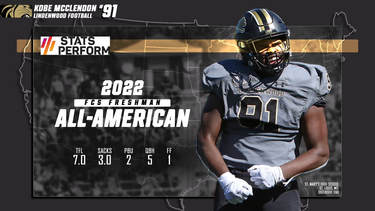 LU_Lions's tweet photo. Kobe McClendon of the @LindenwoodFB team 🦁🏈 has been named a 2️⃣0️⃣2️⃣2️⃣ Stats Perform FCS Freshman All-American 

📕 | https://t.co/m5tpSFFuzW

#NewLevel https://t.co/Tc0prMISU8