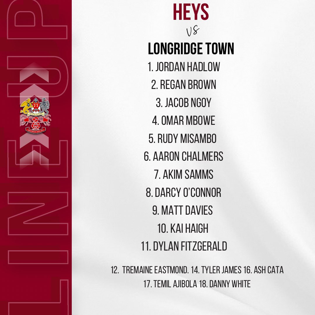 Here’s how Heys line up tonight against <a href="/LongridgeTownFC/">Longridge Town FC</a>. Captain Aaron Chalmers returns and their is a debut for Regan Brown who joins us from Ashton Athletic