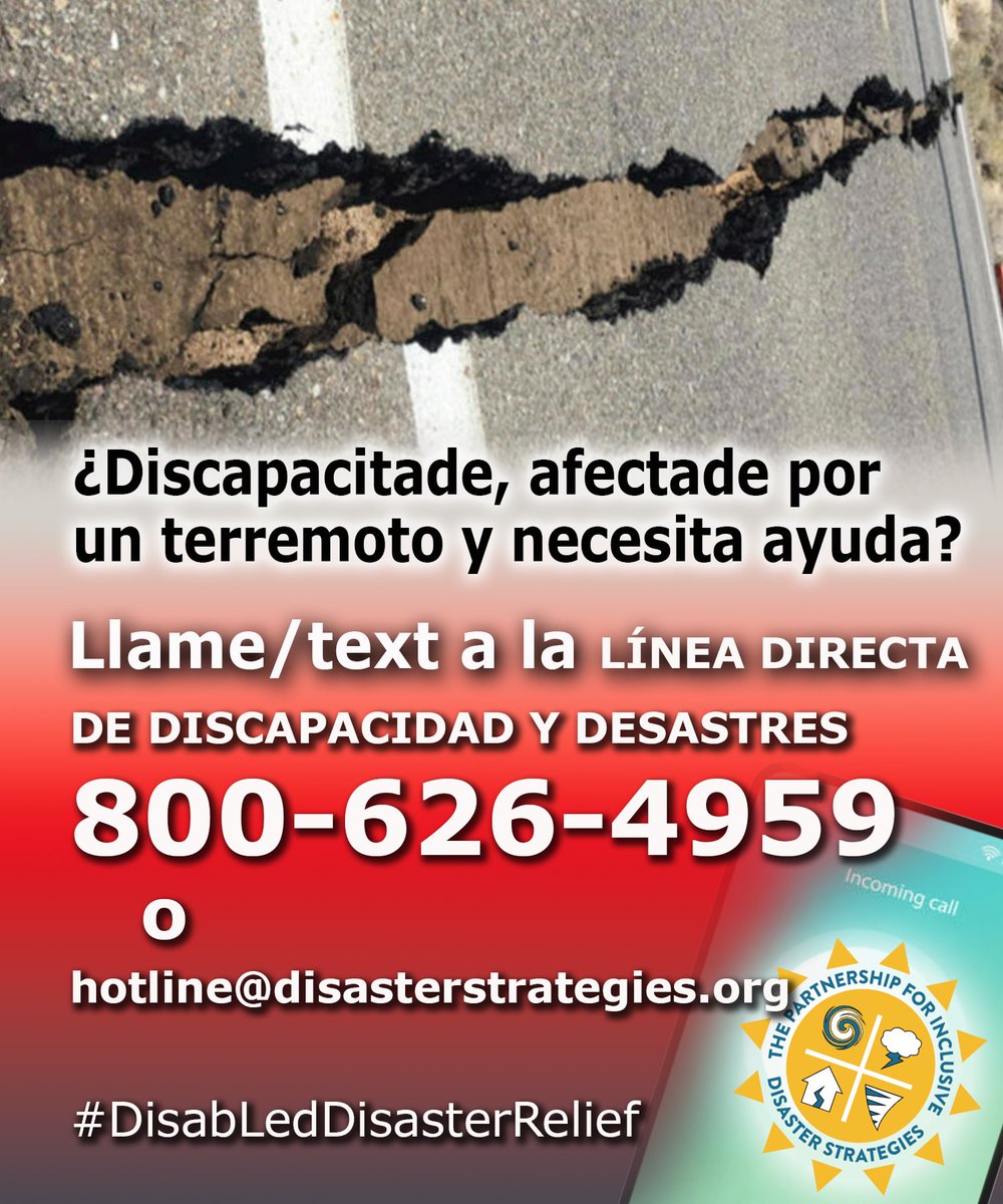 disasterstrat's tweet photo. Discapacitade, afectade por un terremoto y necesita ayuda?
Disabled, impacted by an earthquake, and need help?
Llame/textee (call) nuestra la LÍNEA DIRECTA DE DISCAPACIDAD Y DESASTRES 800-626-4959 o hotline@disasterstrategies.org
#Humboldt #Terremoto
#DisabLedDisasterRelief https://t.co/yhi84KYG2Q