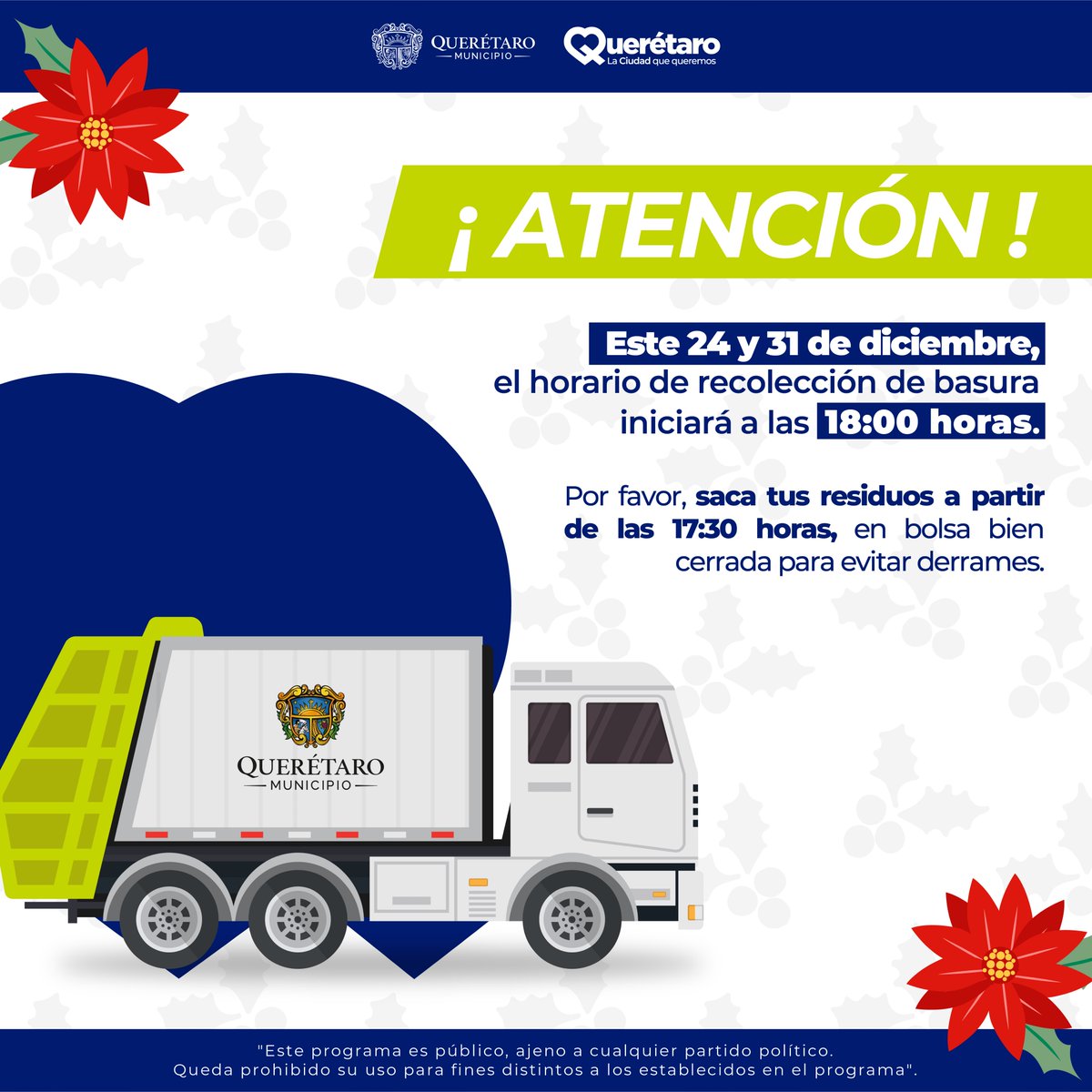 Este 24 y 31 de diciembre la recolección de basura domiciliaria iniciará a las 18:00 horas 🕒. ¡Ayúdanos a sacar tus residuos a partir de las 17:30 en bolsa bien cerrada 🗑️!

#LaCiudadQueQueremos 💚