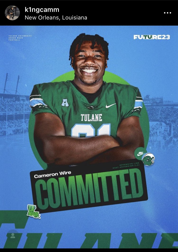 KokiRiley's tweet photo. Cam Wire announces that he’s staying in Louisiana and transferring to Tulane. #LSU https://t.co/CVjraaH6GK