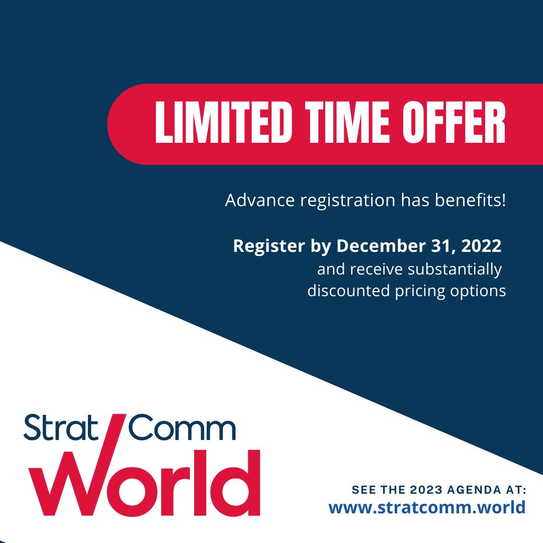 StratCommWorld's tweet photo. Save Today and Attend in May 🡆 The agenda is set for the 12th StratCommWorld on May 1-2 at the National Press Club in Washington, DC. Substantial year-end discounts are available for registrations completed by 12-31-2022. See the program at https://t.co/aN1UKDiAmv https://t.co/ni1BVXsfor