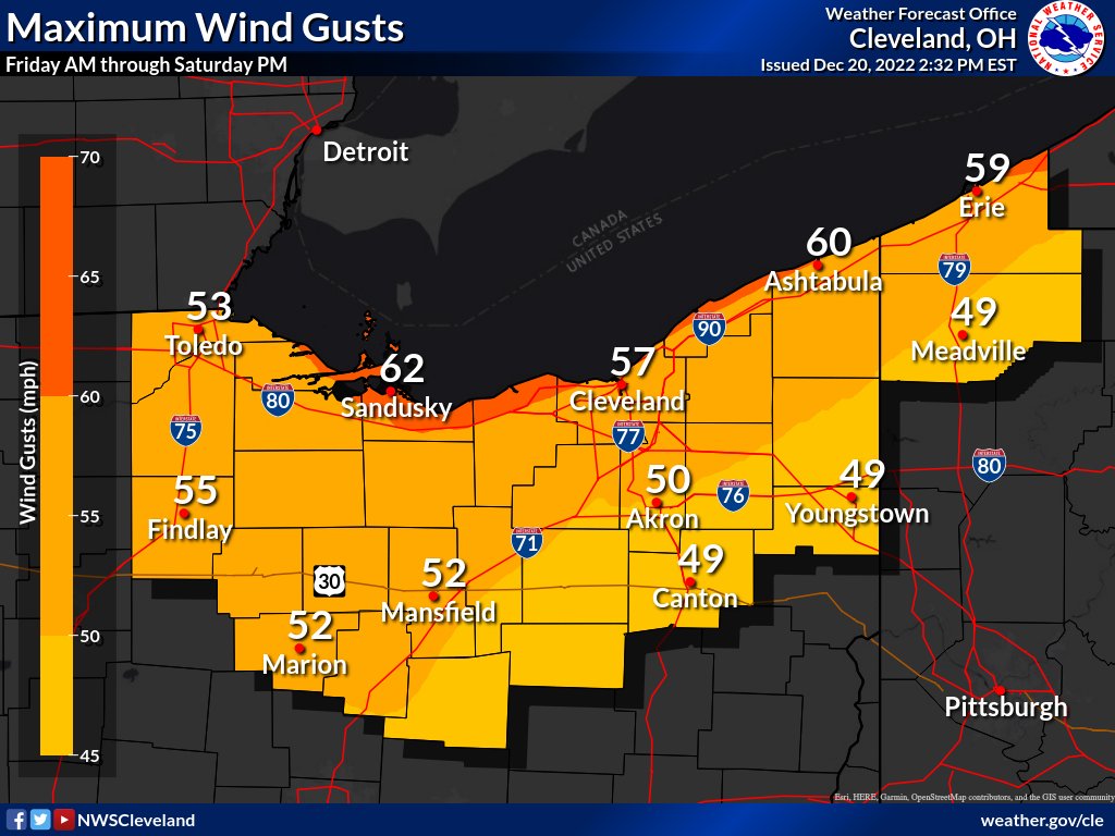 NWSCLE's tweet photo. Highest confidence with the holiday weekend storm system remains to be the strong winds and extreme cold. Wind gusts could reach as high as 50-60 mph through Saturday evening. Strong winds coupled with arctic air will lead to wind chill values between -15°F and -25°F. #ohwx #pawx https://t.co/vX5L6MetZF