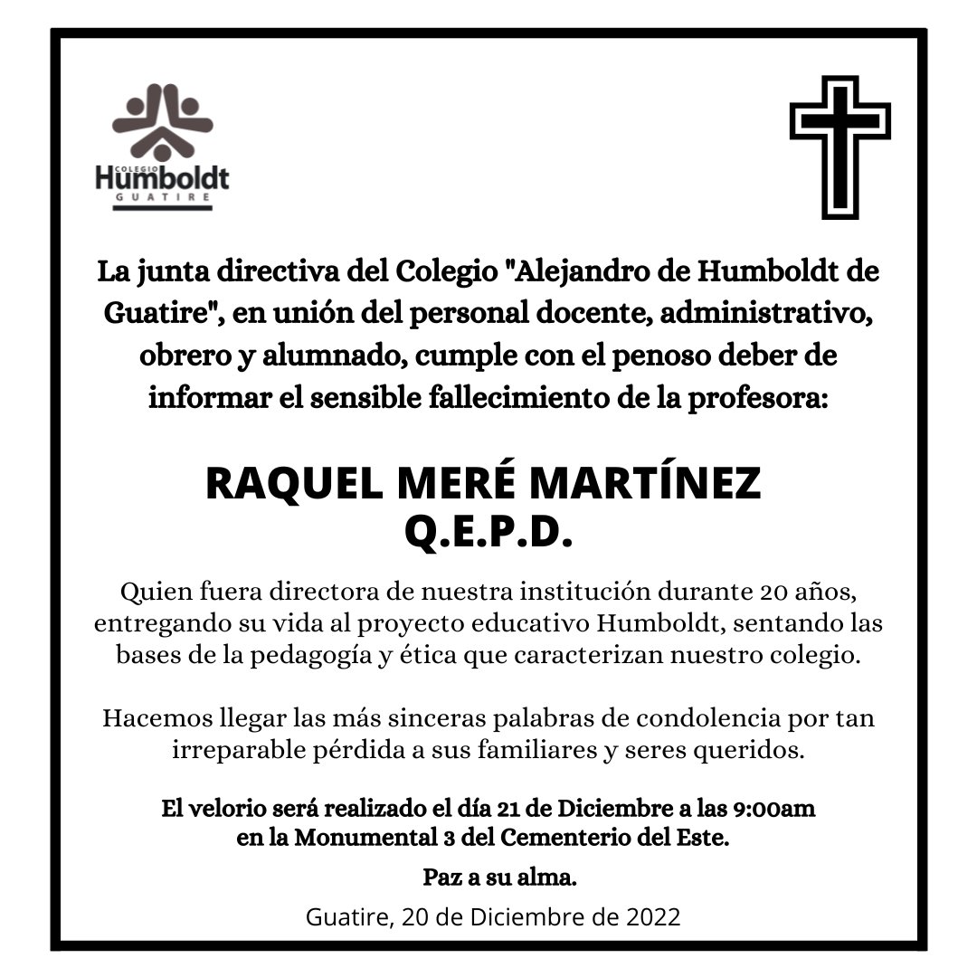 chumboldtg's tweet photo. Lamentamos informar el sensible fallecimiento de quién en vida fuese nuestra muy querida directora durante más de 20 años, la profesora Raquel Meré Martínez.

Enviamos mucha fortaleza a sus seres queridos para afrontar este difícil momento. 🙏

Pedimos luz y paz para su alma. https://t.co/1ToMU0GygO