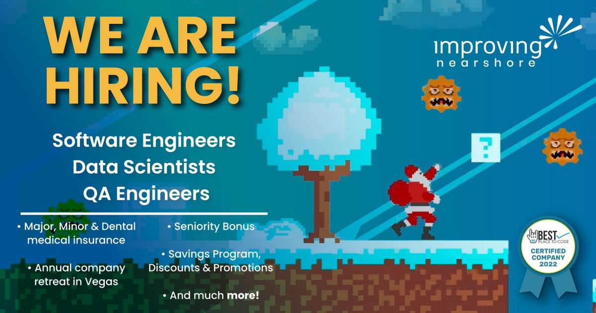 ImprovingMxJobs's tweet photo. ๐
๐ผ Donโt get on Santaโs naughty list and apply! We are waiting for you at Improving Nearshore.๐
https://t.co/au25p3TUWt
#ImprovingNearshore #Improving #Engineers #NetDevelopers #Javascript #Java #QAAutomation #PHP #DevOps #Golang #Python #ITAdministrator #Developers #Hiring https://t.co/jPfWt9yRru