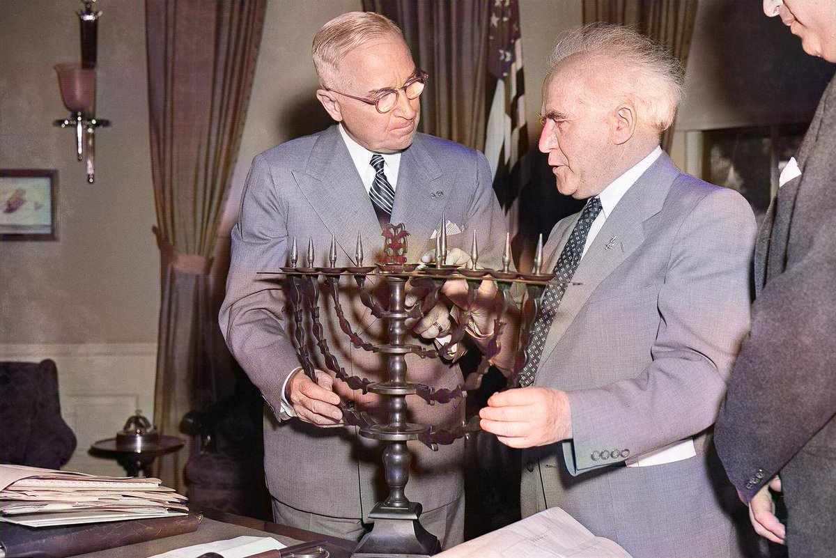 AviKaner's tweet photo. President Harry Truman received a #Hanukkah menorah as a birthday gift from @IsraeliPM David Ben-Gurion in 1951. photo: Henry Griffin https://t.co/8wE1ljBXeV