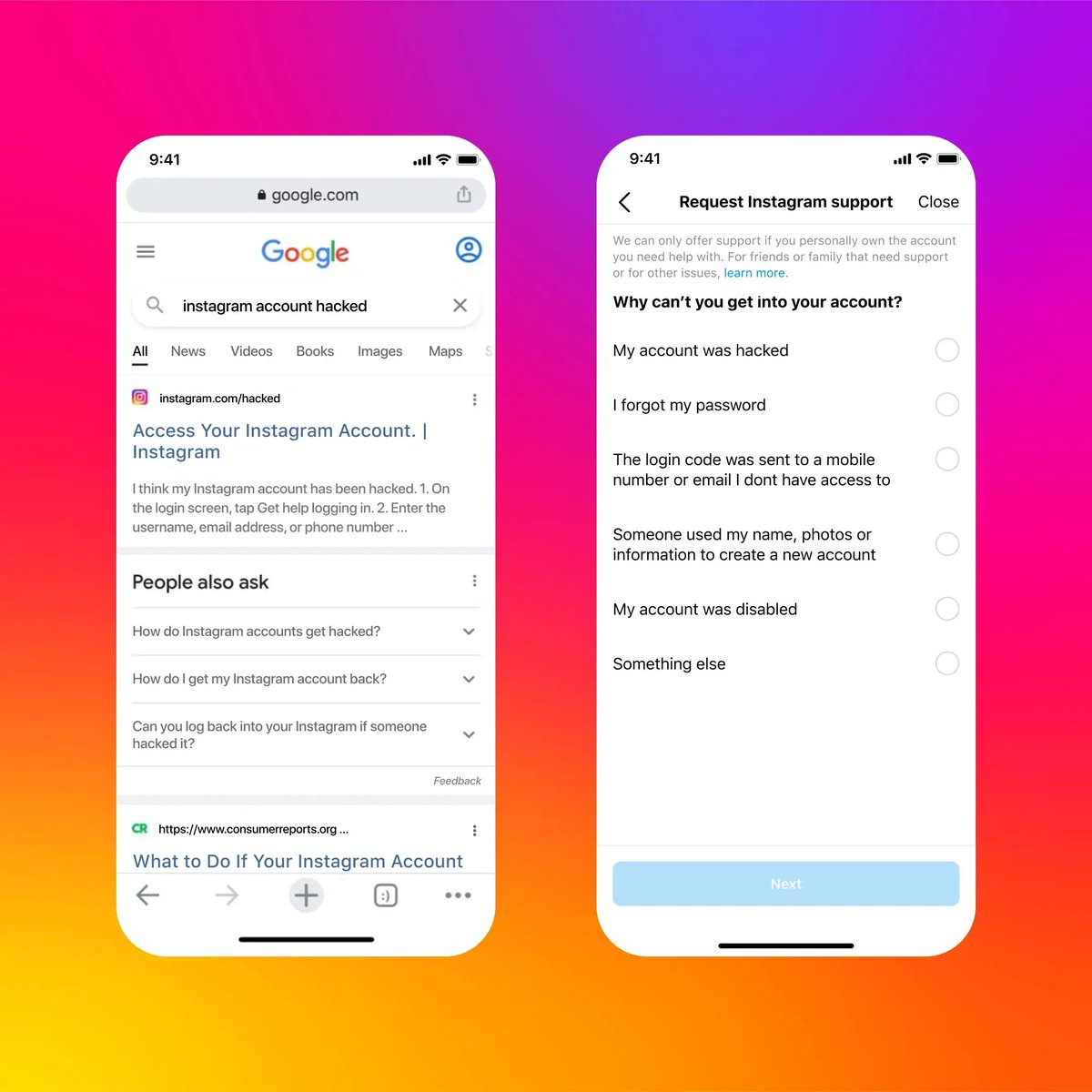 📣 New ways to help if you’re locked out of your account 📣

If you can’t log in or think you’ve been hacked, go to Instagram.com/hacked and follow steps to get back in 🫶