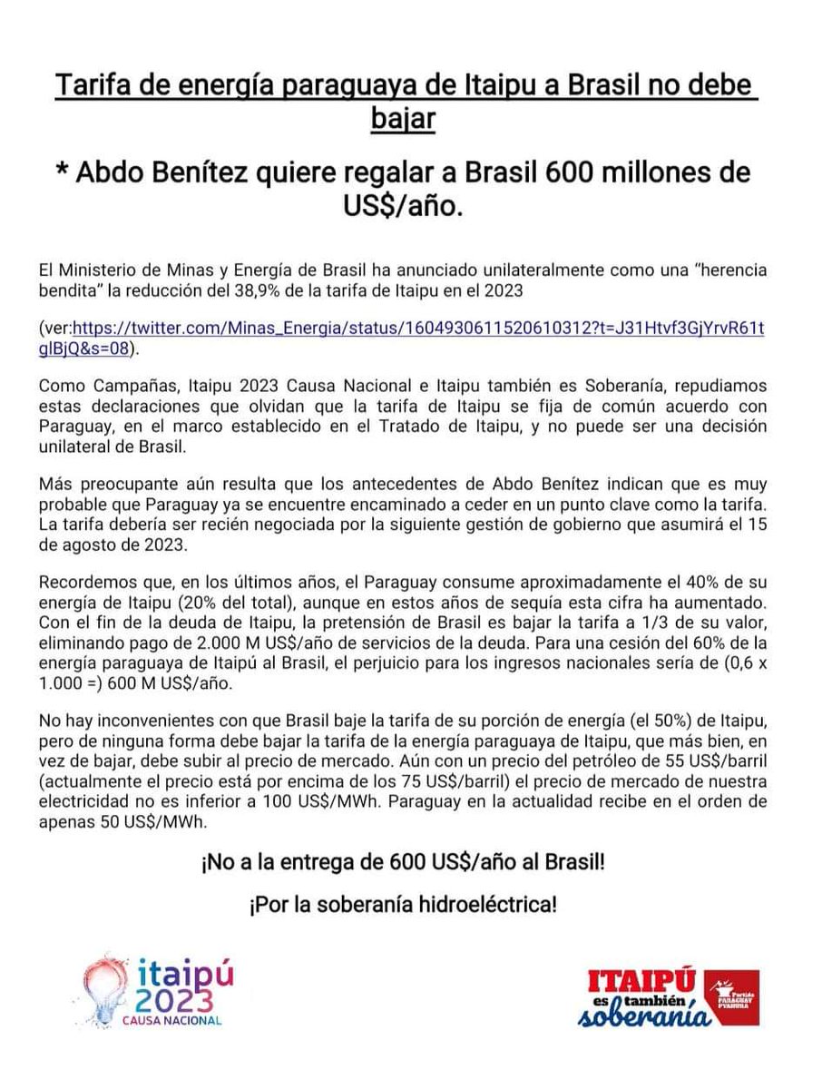 Itaipu2023's tweet photo. 🔻 ATENCIÓN ‼️

*Mario Abdo Benítez quiere regalar a Brasil 600 millones de US$/año. 💲💸💰

¡La tarifa de energía paraguaya de Itaipu a Brasil no debe bajar! 🙅🙅‍♀️🚫 https://t.co/AAYEsaMqXg
