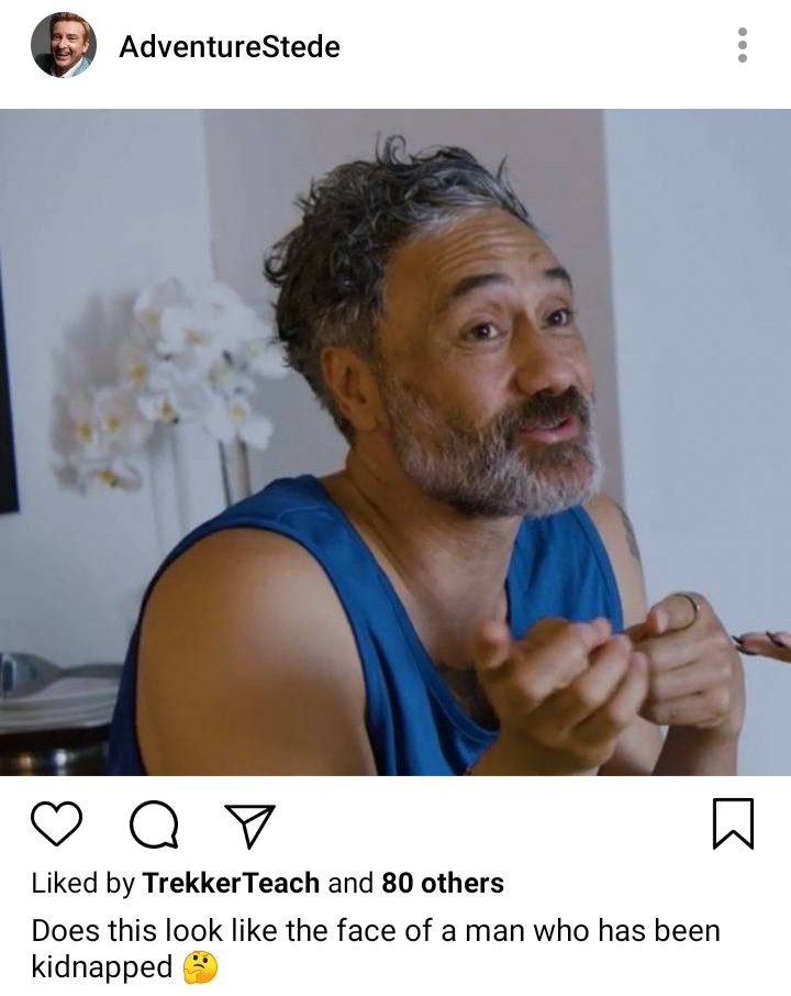 Stede's IG. Photo of Ed smiling off camera. Caption reads "does this look like the face of a man who has been kidnapped?" 