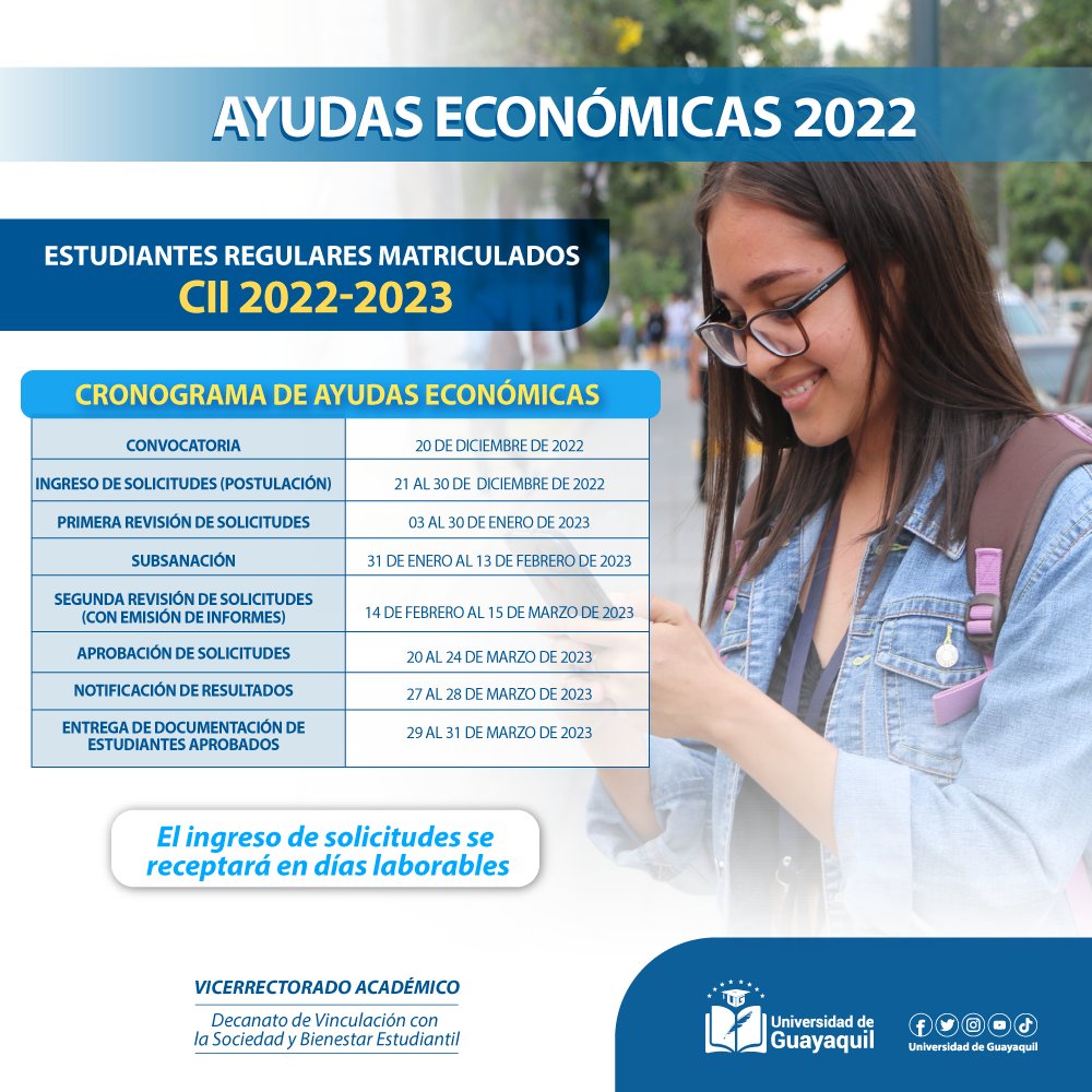 bienestarug's tweet photo. #EstudiantesUG
Compartimos el cronograma para aplicar al proceso de AYUDAS ECONÓMICAS CII del Periodo 2022 - 2023.
Notificación de resultados: 27 al 28 de marzo de 2023.
Revisa el instructivo en: https://t.co/A55ZDB68En https://t.co/Hfue1RSdWN