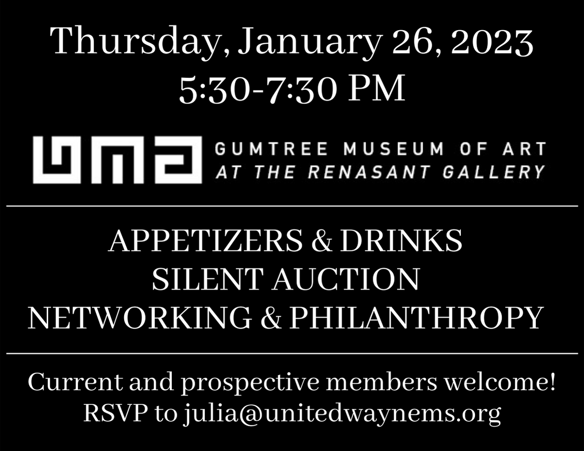 womenunitednems's tweet photo. Women United's Membership Drive and Art Auction: philanthropy, networking &amp; art from female MS artists. Jan 26th, 5:30-7:30 PM, Gumtree Museum of Art. Art purchase prices will go toward your Women United/Leadership Society donation to United Way! RSVP to julia@unitedwaynems.org https://t.co/rF3qaT3Dxb