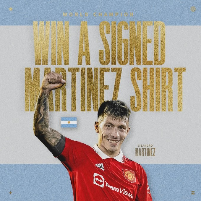 MUTV_GO's tweet photo. 🏆 Celebrating our #WorldCup champion ✔️

To mark the occasion, we're giving away a 
@LisandrMartinez
 home shirt signed by Licha himself ✍️⬇️

more::📺📱👉 @MUTV_GO  |  #MUTV_GO

#MUFC  |  #ManUtd https://t.co/JqGEUzfayv