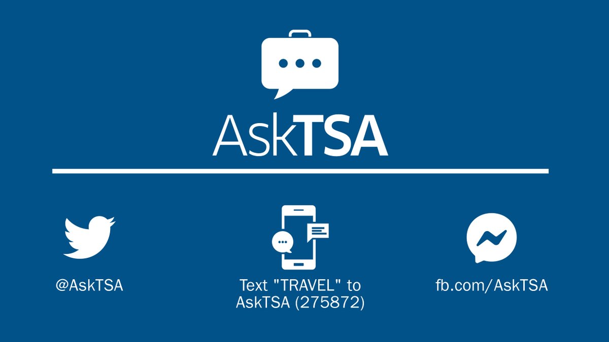 Did you hear the news? @AskTSA is now available by SMS! Just text the word 'TRAVEL' to AskTSA (275-872) to get started.