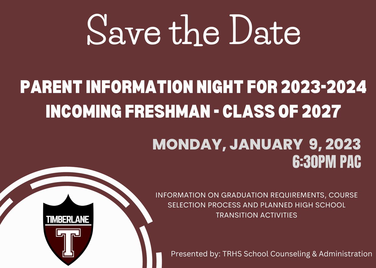 TRHS School Counseling will hold a parent night for our incoming freshman in January!